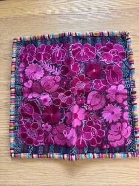 Hand-Embroidered Pink Floral Square Cushion Cover